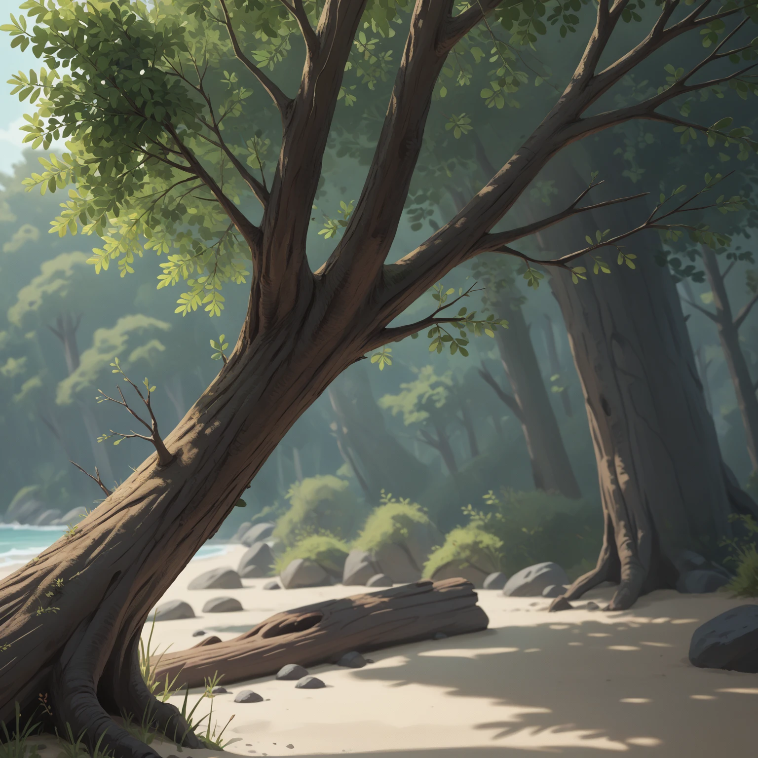 Beach, high altitude, fallen thick tree trunk, old tree, A tree branch extending toward the observer, The branch is detailed with rough bark, small twigs, and vibrant leaves or flowers, creating a sense of depth. The perspective emphasizes the branch's movement toward the viewer, with the background blurred to highlight the focal point. Soft lighting enhances the textures and shadows of the branch, creating a natural and immersive atmosphere.