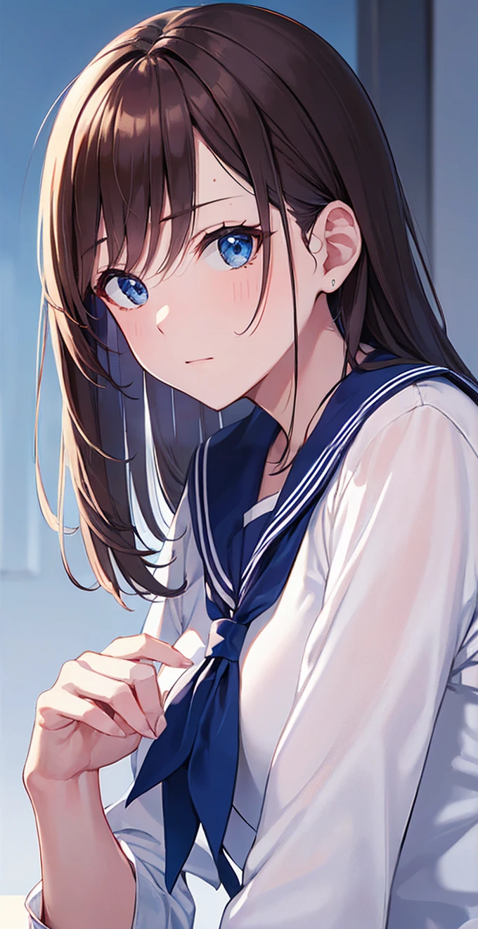  top quality, high definition ,8k wallpaper,(shape:0.8),(  beautiful and elegant :1.6), detailed face , Complete, CG in detail,(PERFECT hand,parfect Anatomy ),woman,adult, semi-long hair, brown hair, blue eyes, sailor suit ,shirt tug,whole body,slouch