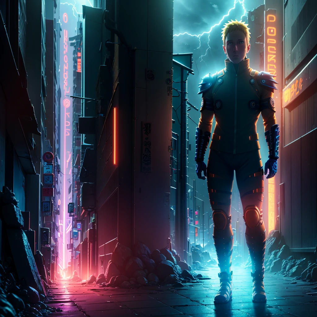 Naruto Uzumaki as a full-body cyborg, glowing with neon orange and blue lights, surrounded by pulsating lightning in a vibrant, futuristic cityscape. Intricate armor, glowing blue eyes, and a high-tech cyberpunk vibe. (masterpiece, ultra-detailed, vivid neon colors, ultra-realistic, 4K resolution, cinematic lighting).