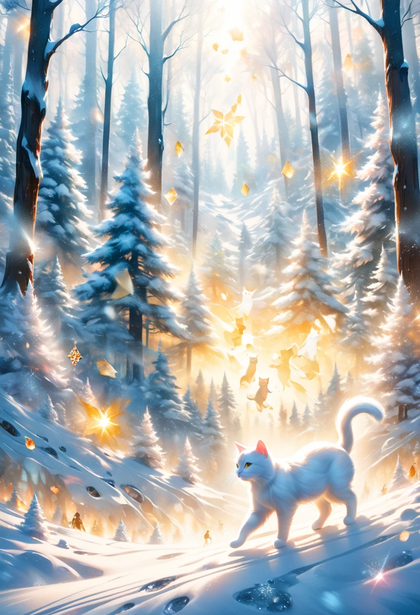 Footprints leading to a sacred snowy forest ,Long-haired white cat dancing,  Details pattern,cute, nice,  Details, rendering,Oil paint,Watercolor,general brush,  Max Image ,Footprints on Snow Continuing Through the Snow Forest  , Scattering Diamond Dust(( double exposure:1.5 , diamond dust filter effect))