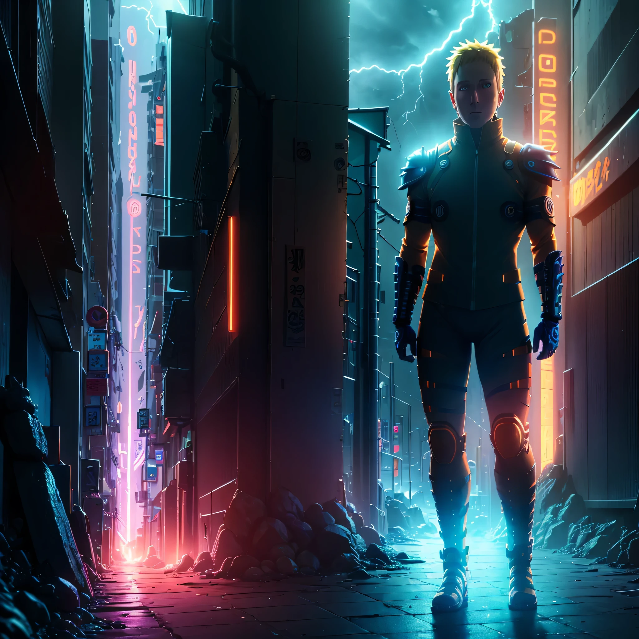 Naruto Uzumaki as a full-body cyborg, glowing with neon orange and blue lights, surrounded by pulsating lightning in a vibrant, futuristic cityscape. Intricate armor, glowing blue eyes, and a high-tech cyberpunk vibe. (masterpiece, ultra-detailed, vivid neon colors, ultra-realistic, 4K resolution, cinematic lighting).