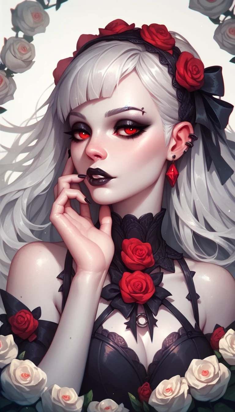 Beautiful girl goth lolita costume, red eyes, silver hair, clear white skin 