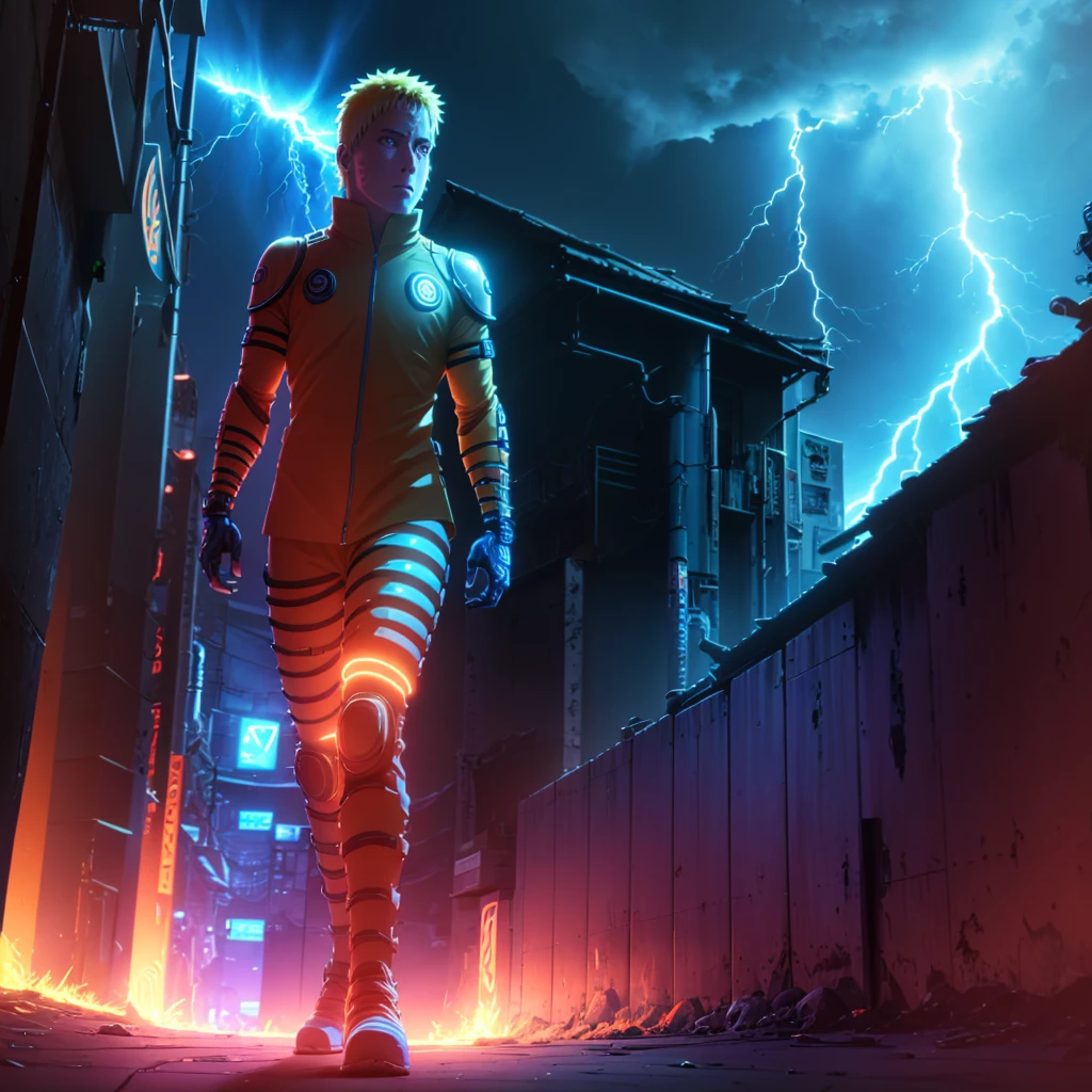 Naruto Uzumaki as a full-body cyborg, glowing with neon orange and blue lights, surrounded by pulsating lightning in a vibrant, futuristic cityscape. Intricate armor, glowing blue eyes, and a high-tech cyberpunk vibe. (masterpiece, ultra-detailed, vivid neon colors, ultra-realistic, 4K resolution, cinematic lighting).