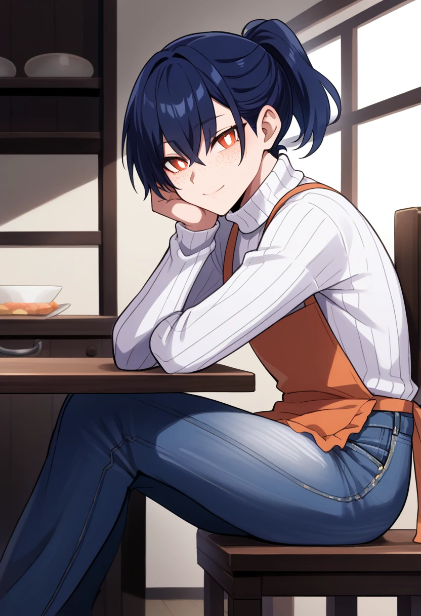 (1boy), solo, from side, crossdressing, otoko no ko, dark blue hair, short hair, ponytail, bangs, orange eyes, white pupils, (freckles), light smile, light blush, wide hips, turtleneck sweater, ribbed sweater, denim jeans, apron, score_9, looking at viewer, sitting, head rest, indoors, modern house