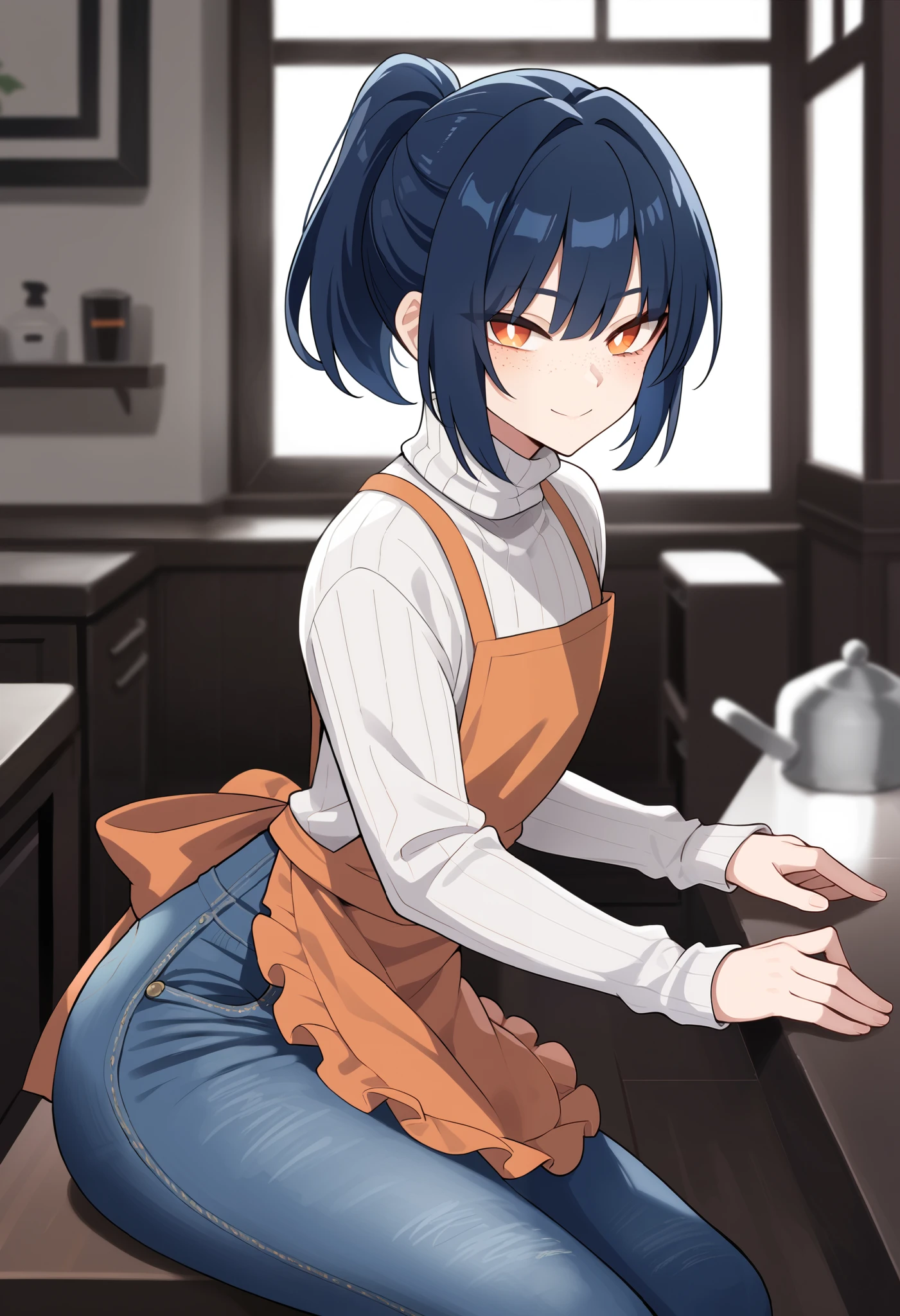 (1boy), solo, from side, crossdressing, otoko no ko, dark blue hair, short hair, ponytail, bangs, orange eyes, white pupils, (freckles), light smile, light blush, wide hips, turtleneck sweater, ribbed sweater, denim jeans, apron, score_9, looking at viewer, indoors, sitting