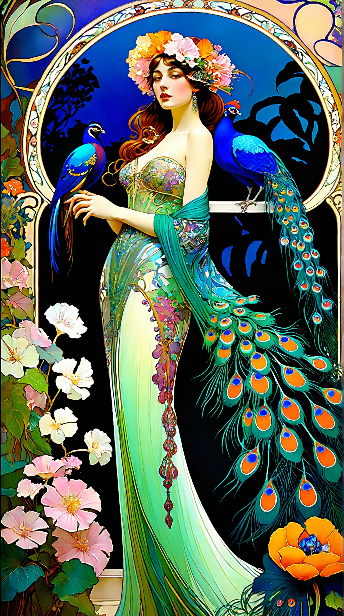 breathtaking Jugendstil scene, Leon Bakst inspired,hot, sexy, dreamy fantasy paradise, vibrant, serialist colorful patterns, Art Nouveau style, lush tropical garden, sprawling florals, peacocks, elegant feminine figures, flowing silk fabrics, glittering jewels, ornate architectural details, exotic birds, realistic high details, impressionist brushstrokes, Gustav Klimt and Alfons Mucha influences