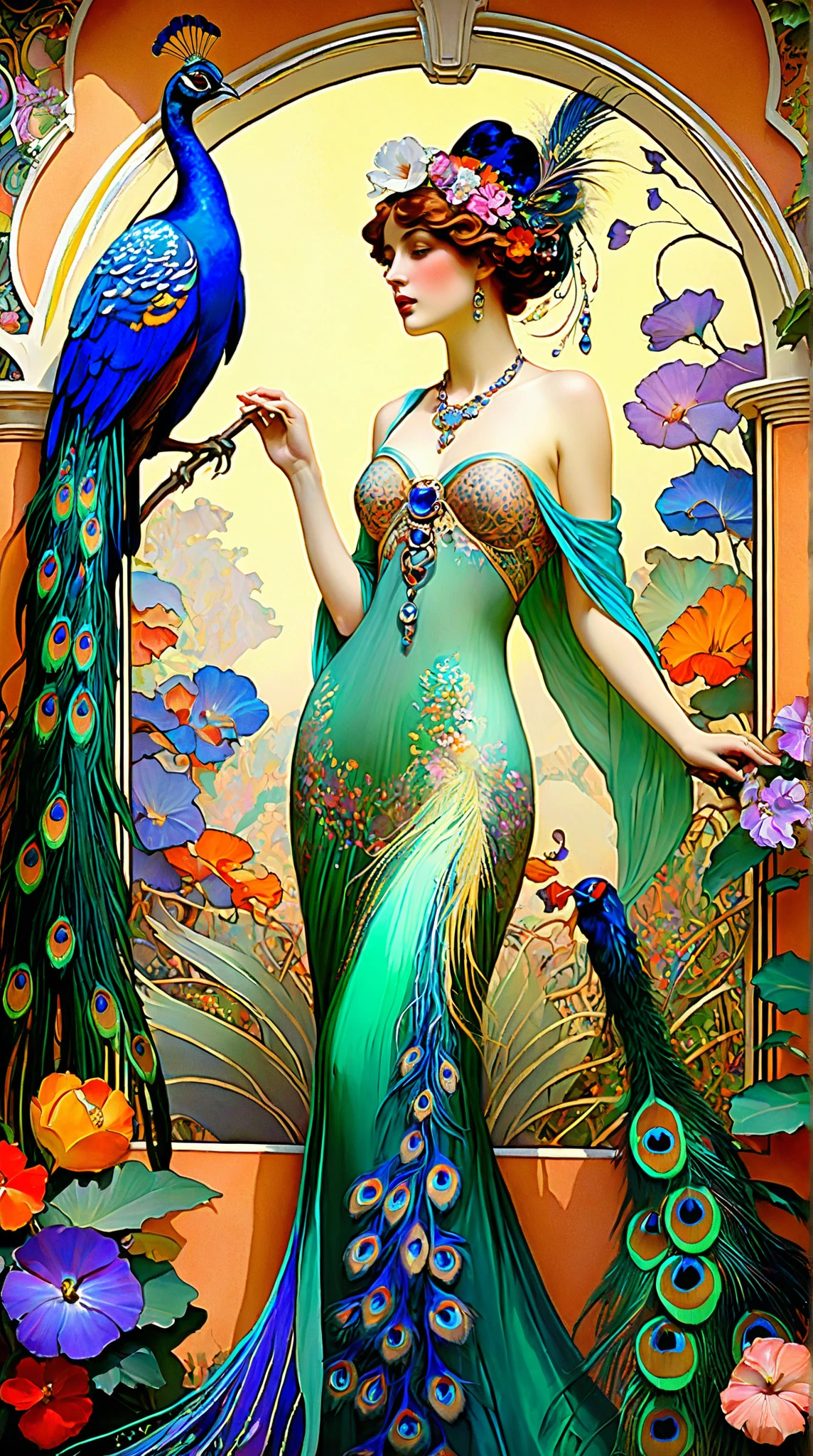 breathtaking Jugendstil scene, Leon Bakst inspired,hot, sexy, dreamy fantasy paradise, vibrant, serialist colorful patterns, Art Nouveau style, lush tropical garden, sprawling florals, peacocks, elegant feminine figures, flowing silk fabrics, glittering jewels, ornate architectural details, exotic birds, realistic high details, impressionist brushstrokes, Gustav Klimt and Alfons Mucha influences