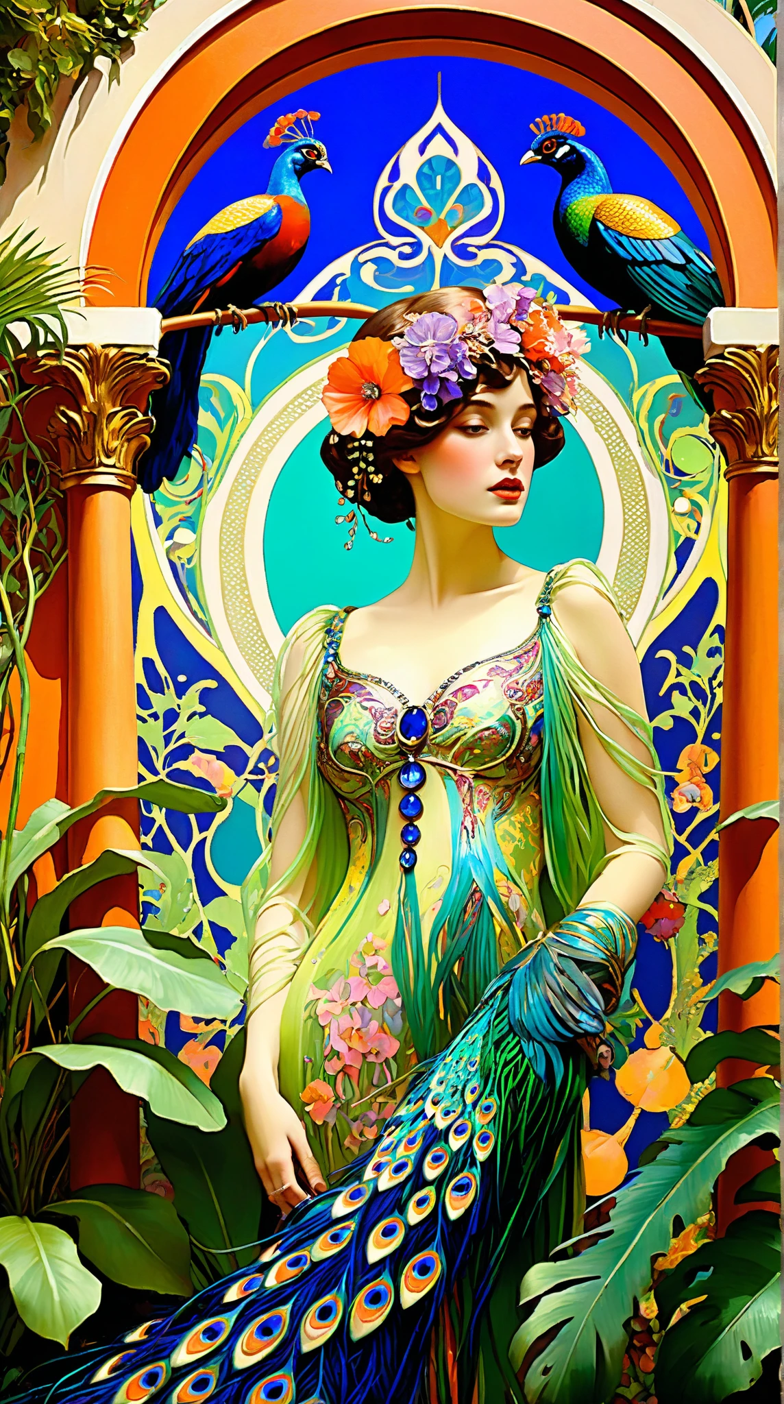 breathtaking Jugendstil scene, Leon Bakst inspired,hot, sexy, dreamy fantasy paradise, vibrant, serialist colorful patterns, Art Nouveau style, lush tropical garden, sprawling florals, peacocks, elegant feminine figures, flowing silk fabrics, glittering jewels, ornate architectural details, exotic birds, realistic high details, impressionist brushstrokes, Gustav Klimt and Alfons Mucha influences