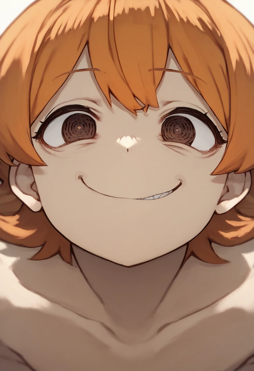  1 girl , Alone, In progress!!, Inami Mahiru,  Brown Eyes ,  orange hair, 巨milk,  look at the viewers,  hollow eyes,naked, face forward, smirking face ,Crazy Smile,(milk，sex,Cowgirl