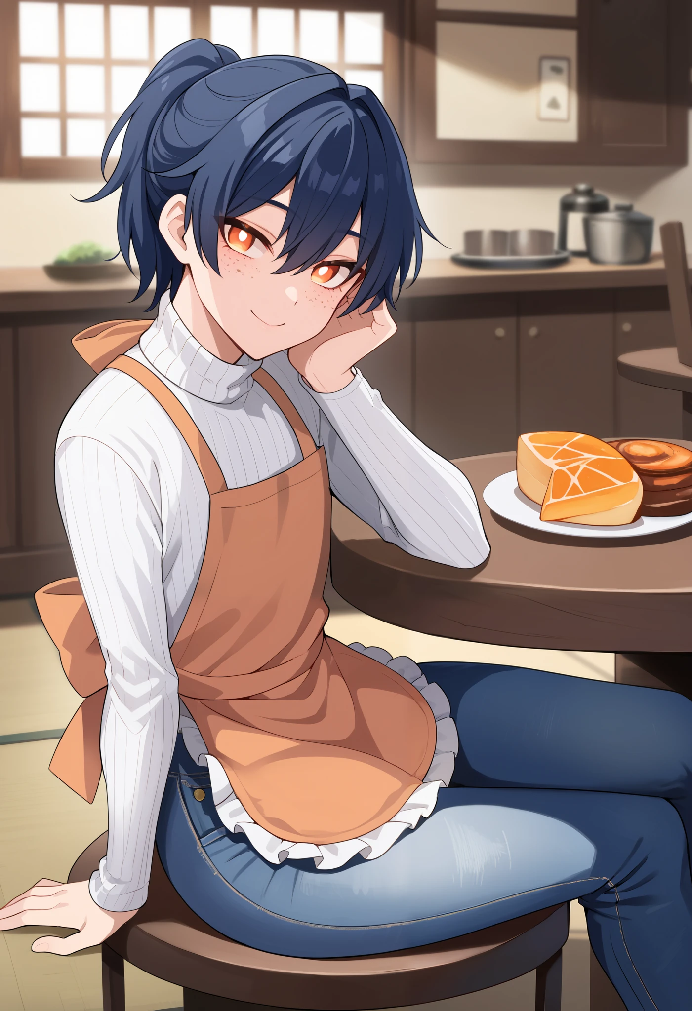 (1boy), solo, from side, crossdressing, otoko no ko, dark blue hair, short hair, ponytail, bangs, orange eyes, white pupils, (freckles), light smile, light blush, wide hips, turtleneck sweater, ribbed sweater, denim jeans, apron, score_9, looking at viewer, sitting, head rest, indoors, modern house