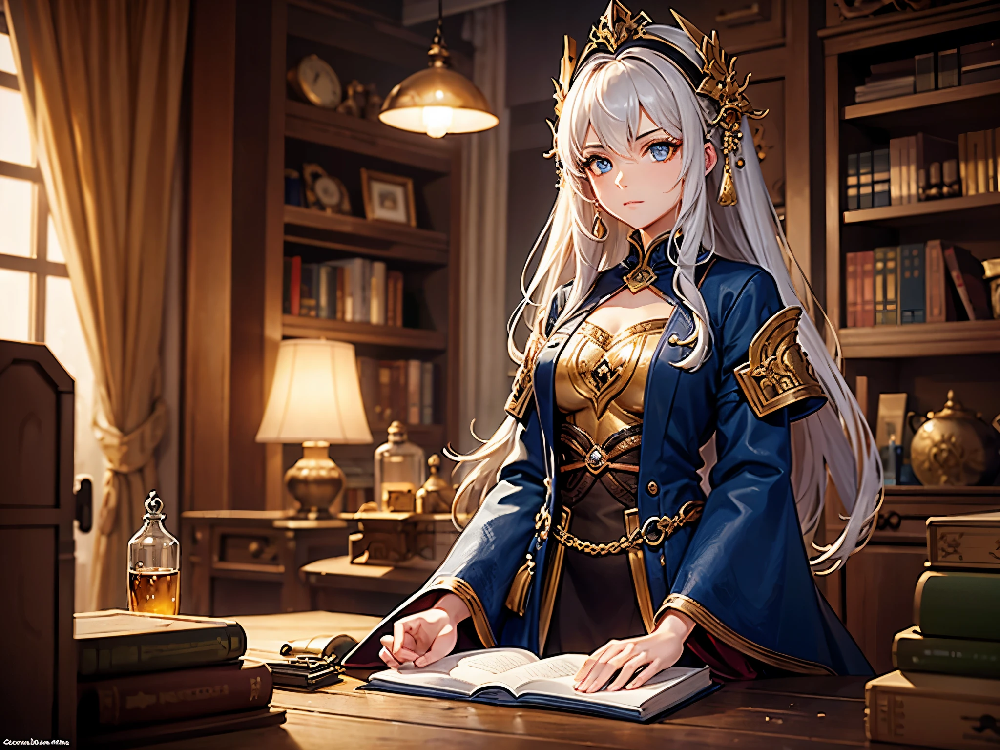 a beautiful detailed anime sitting at a table with many books, hyperrealistic, extremely detailed face and eyes, long lashes, beautiful lips, realistic, high quality, 8k, masterpiece, vibrant colors, soft lighting, elegant , magical girl, cute expression, trending on cgstation