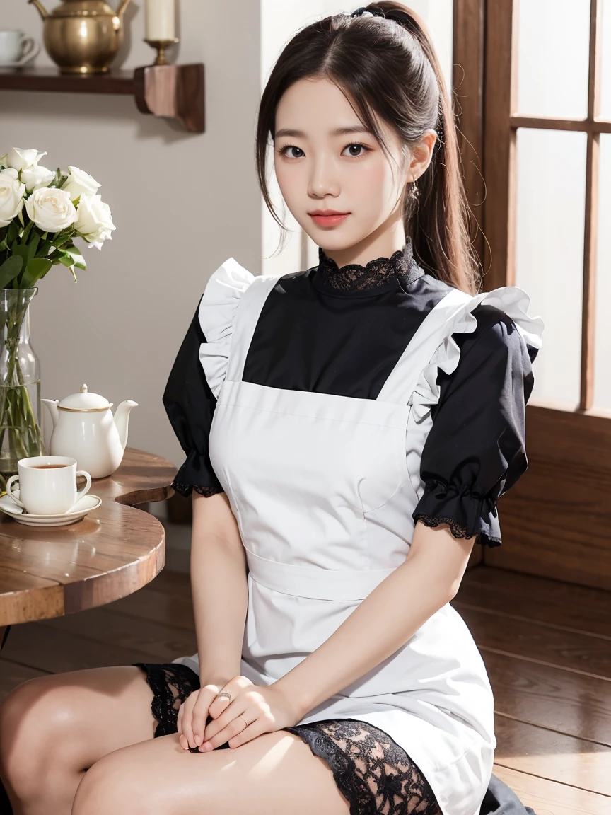 A young woman wearing a classic black-and-white maid outfit, sitting elegantly on the wooden floor of a cozy, warmly lit room. The maid dress features intricate lace details, a fitted bodice, puffed sleeves, and a neatly tied white apron. She is seated with her legs folded to the side, her hands resting gently on her lap, and her posture is poised yet relaxed. The background includes soft furnishings, such as a small table with a teapot and a vase of flowers, enhancing the warm and inviting atmosphere. Her expression is soft and gentle, with a hint of a shy smile, radiating charm and grace, (High ponytail), (Leaning forward)