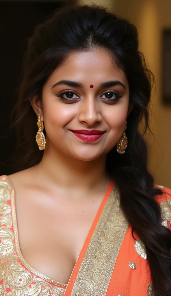 An Indian chubby girl age 21 wearing blue sarees open Black hair kajal in eyes and brown eyes and payal in legs