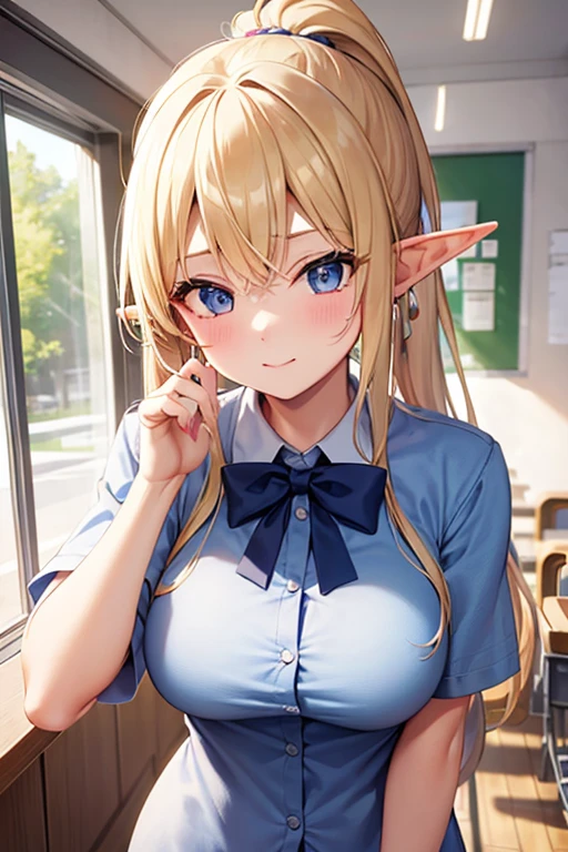 masterspiece、Ultra high image quality、High Accuracy、Young cute beautiful elf、Art Works、smalll breasts、Tied waist、small ass、ruffles、Oversized clothes、Office Worker、Black slacks