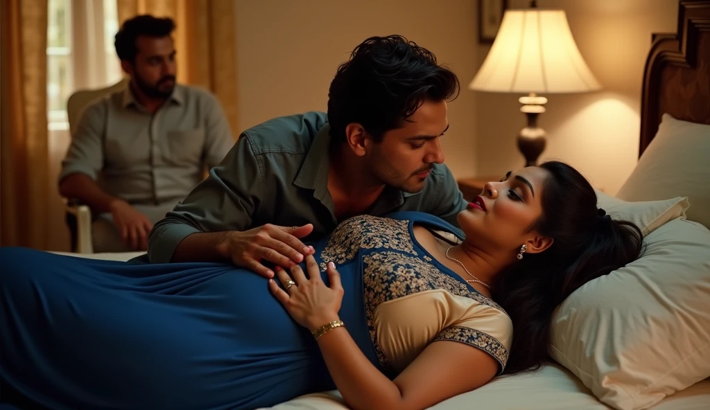 An Indian guy wearing coat pant kissing a naked pregnant Indian girl bottomless