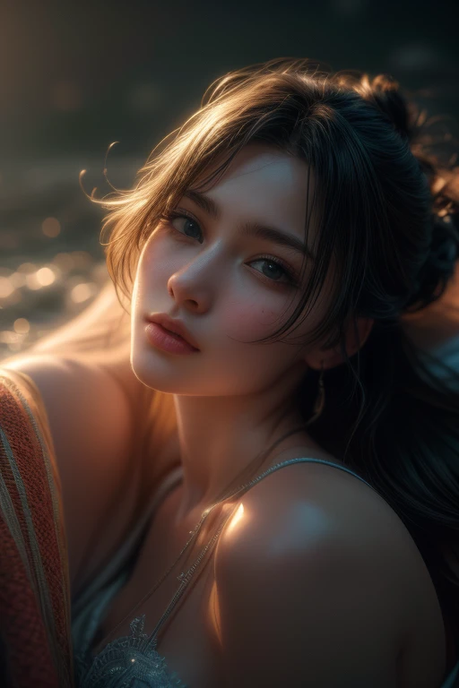 close up portrait of a cute woman (gldot) bathing in a river, reeds, (backlighting), realistic, masterpiece, highest quality, lens flare, shade, bloom, [[chromatic aberration]], by Jeremy Lipking, by Antonio J. Manzanedo, digital painting,