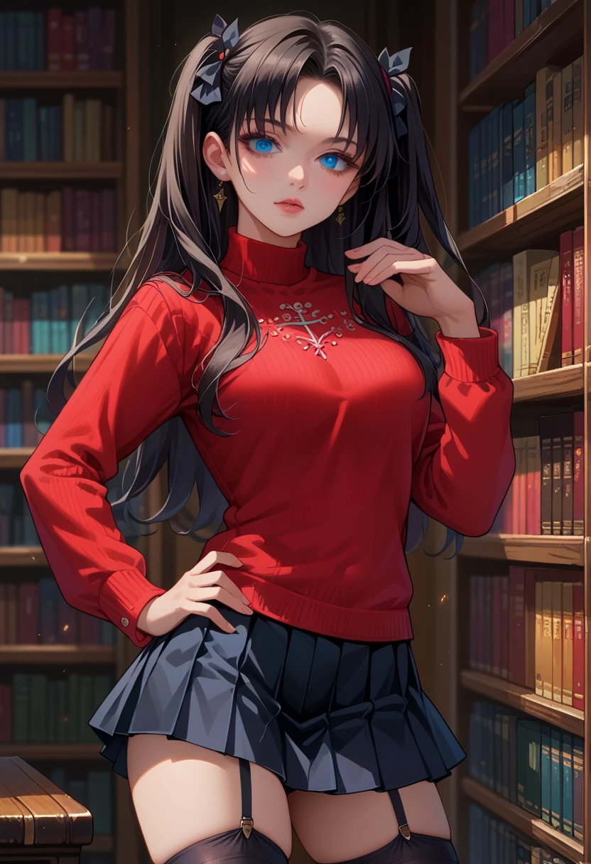 score_9, score_8_up,score_7_up, source_anime, 1girl, solo, beautiful waifu, thicc, mature woman, EPfsnRin, long hair, black hair, two side up, twin-tails, blue eyes, detailed eyes, detailed face, flirt, seductive, standing, (red sweater, long sleeves, short skirt, black skirt, pleated skirt, zettai ryouiki, thighhighs, garter straps:1.1), sexy pose, hand on hip, model shoot, library, bookshelf, book.