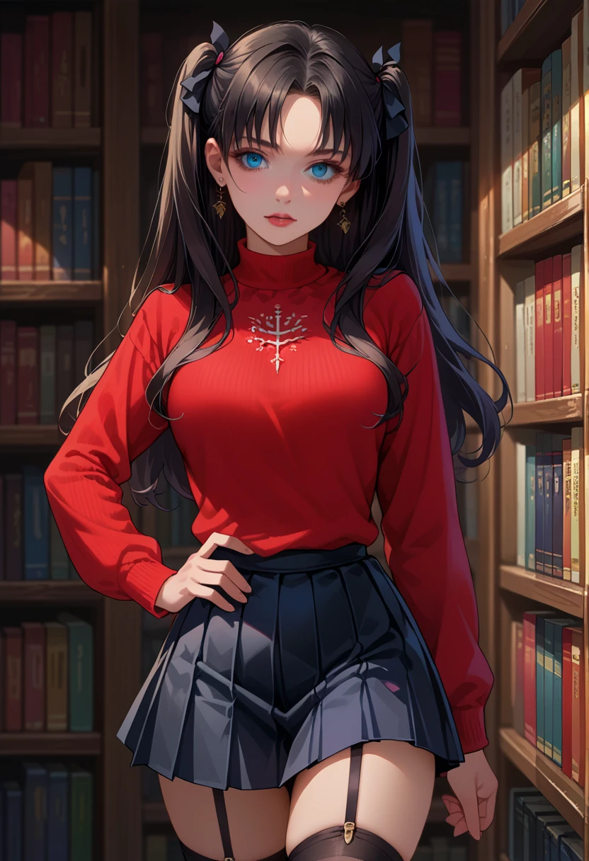 score_9, score_8_up,score_7_up, source_anime, 1girl, solo, beautiful waifu, thicc, mature woman, EPfsnRin, long hair, black hair, two side up, twin-tails, blue eyes, detailed eyes, detailed face, flirt, seductive, standing, (red sweater, long sleeves, short skirt, black skirt, pleated skirt, zettai ryouiki, thighhighs, garter straps:1.1), sexy pose, hand on hip, model shoot, library, bookshelf, book.