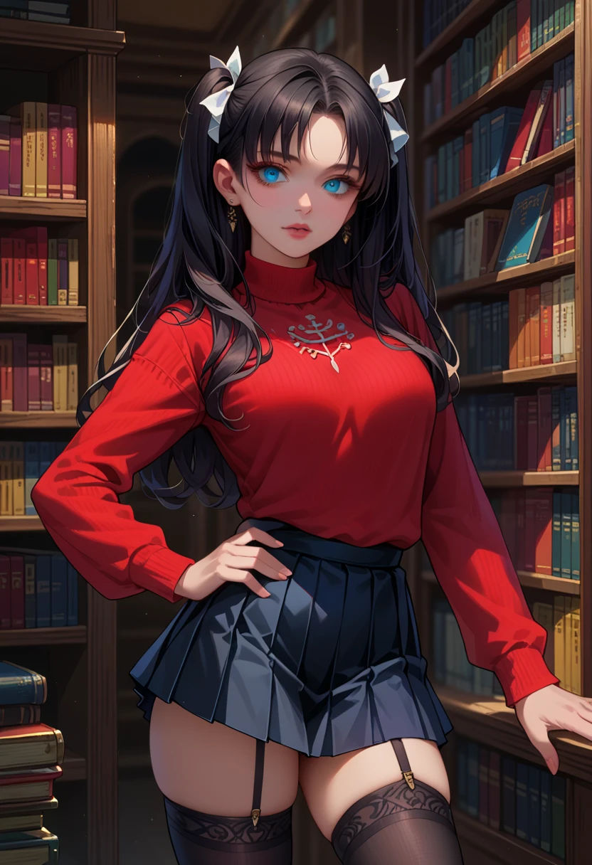 score_9, score_8_up,score_7_up, source_anime, 1girl, solo, beautiful waifu, thicc, mature woman, EPfsnRin, long hair, black hair, two side up, twin-tails, blue eyes, detailed eyes, detailed face, flirt, seductive, standing, (red sweater, long sleeves, short skirt, black skirt, pleated skirt, thighhighs, garter straps:1.1), sexy pose, hand on hip, model shoot, library, bookshelf, book.