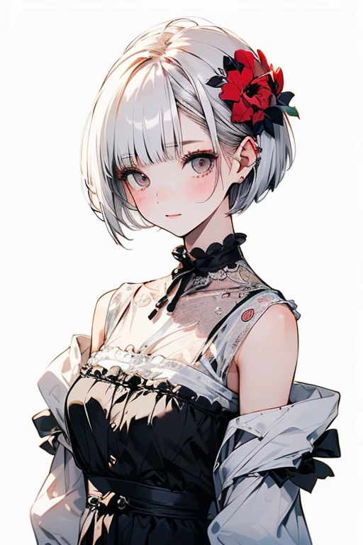 Camellia flower、(頭にCamellia flowerをつけている:1.7)、woman、Casual clothes、 draw so you can't see the hair、(White short hair:1.7)、 victorian style、