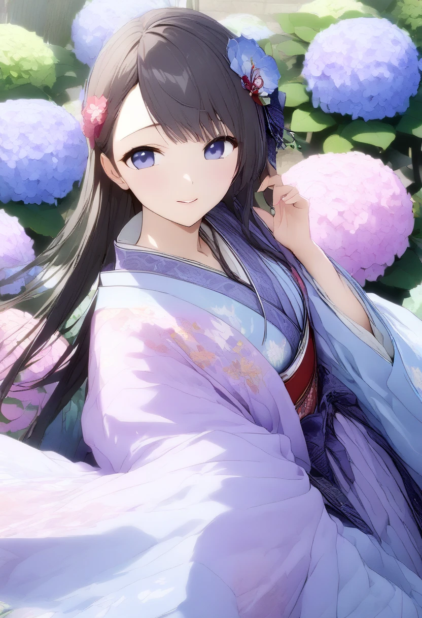 ((​masterpiece、top-quality、ighly detailed、insanely detaileda、Detailed CG、8k wallpaper))、(1girl in:1.4)、super idol、face perfect、Teen、plein air、(Summer Cloud:1)、(A dark-haired、The long-haired、hakama、 kimono:1.1)、hair adornments、Walking、(hydrangeas:1)、(green leafs)、long boots、Standing、solo、Look at viewers