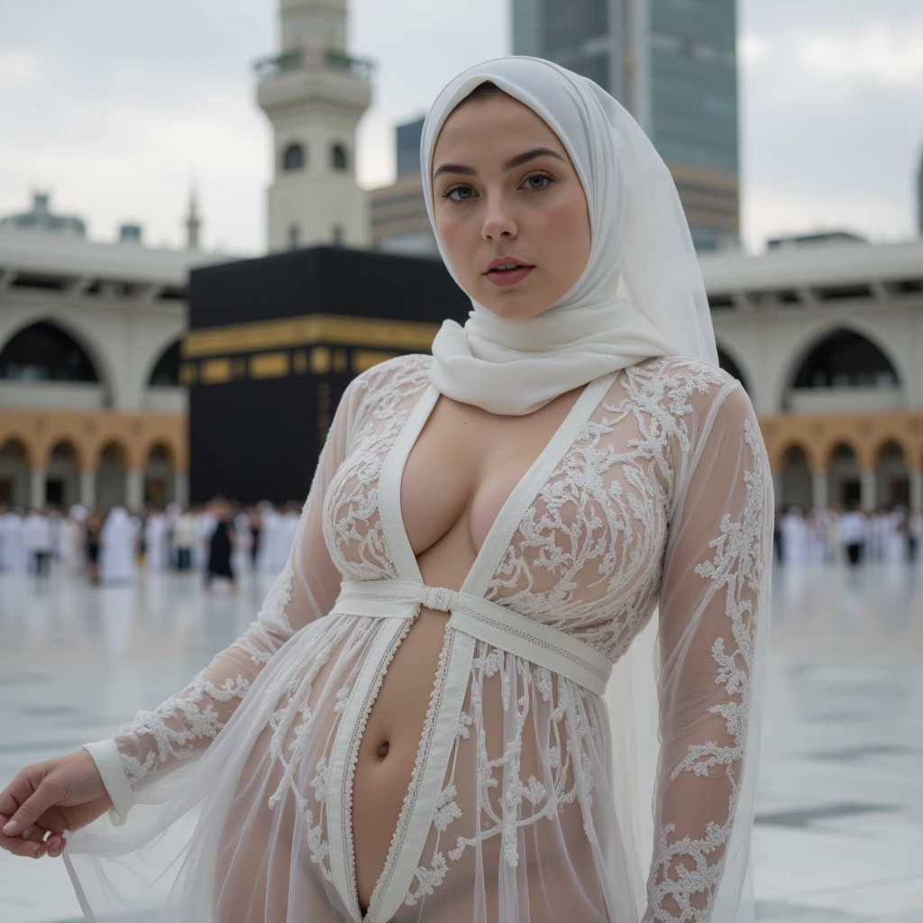 absurd dress, (​masterpiece、top-quality、8K ), intricate detailes,ultra-detailliert、1 Beautiful Arab Woman、(((Ancient Arab national costumes, hijab:1.4))),veils、Realistic limbs、sexy tall posture, plump body, Arabian Market、full make up, Hyper realistic, Perfect Anatomy, no clothes, no bra, no underwear, showing nipple, (exposed pussy:1), (showing pubic hair:1.4), wet face with semen. fully body photo:1.6, eyes looking into the camera, naughty pose, inside church, A seductive mischievous expression, ((front of many men)), detail breast, eyes were clearly visible, both wet face and hijab with lot of semen, small head big and red eye)), ((multiple men, surrounded by men))