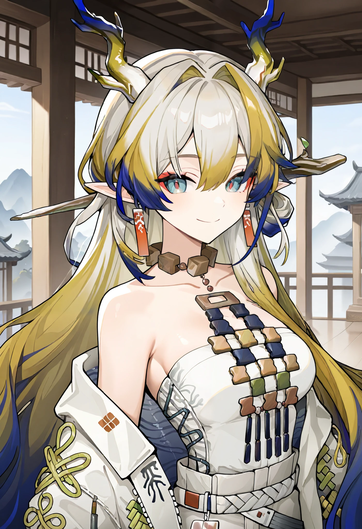 1girl, shu\(arknights\), arknights. An illustration of a girl with yellow hair and horns and pointy ears. She is wearing a white tube top and jacket. She smiles serenely at her sisters. sensitive, upper body, medium breasts, standing, smile, indoors, east asian architecture, masterpiece, best quality, very aesthetic, absurdres