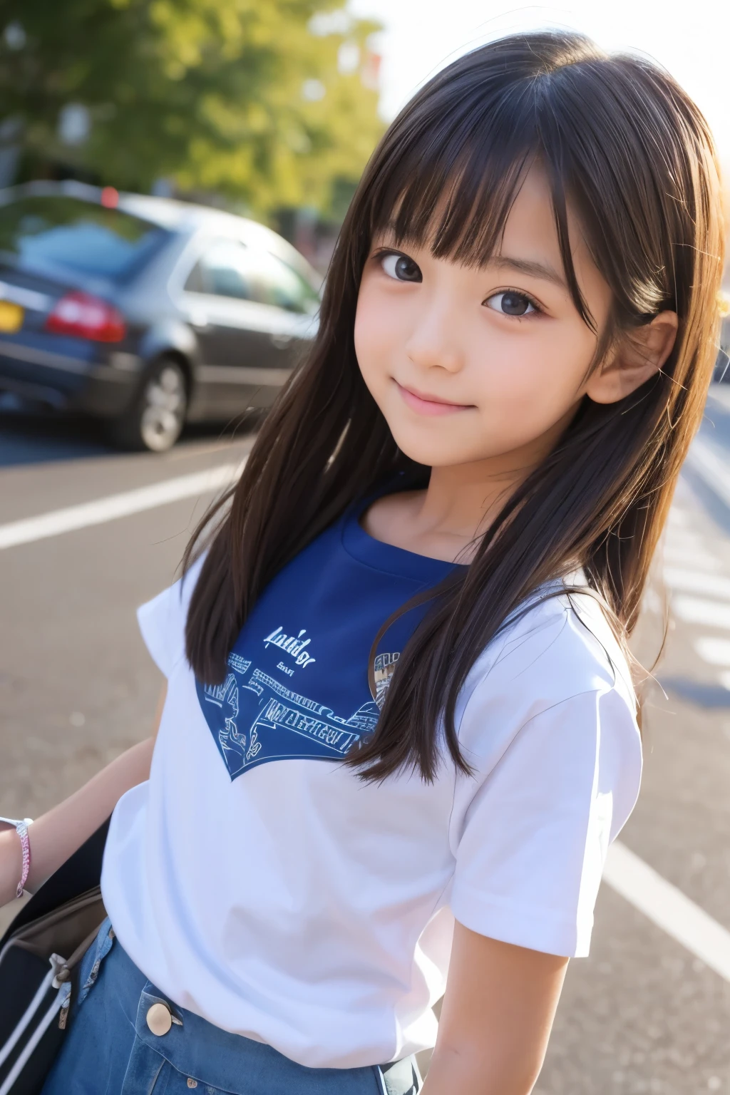 A beautiful , one girl, デニムスカート with Tシャツ、Bust Shot、I'm drinking tea and relaxing、Highest quality、Hair is black and in a ponytail、smiling, I'm drinking steaming greentea,bust up, She is posing with red maples in the background, squats,In a Japanese-style room