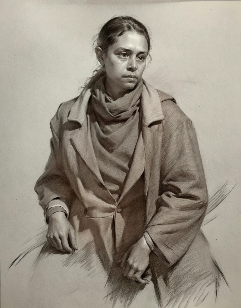 Academic tonal drawing  , sangina ,   female figure in the interior, Dressed