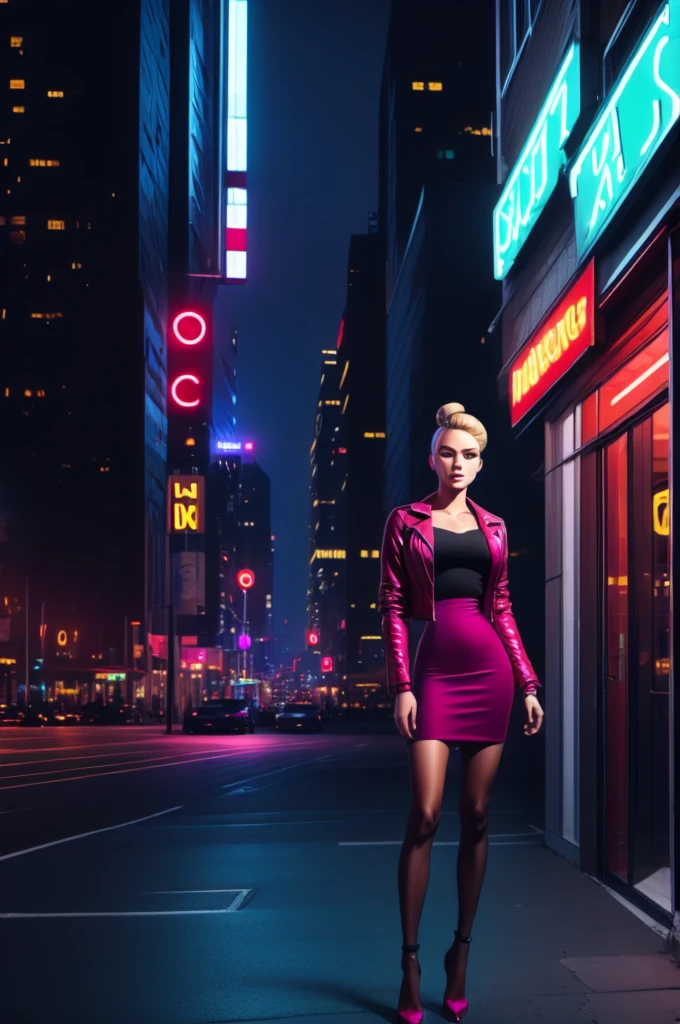 Neon,Night,Stil der Retrowave,realistic depiction,  a woman with short blond hair in a bun,Is wearing a dark red jacket ,magenta dress ,long sleeves,Fishnet stockings,paragraphs,Window,Full body,in the city, looks at viewers , folded arms , 