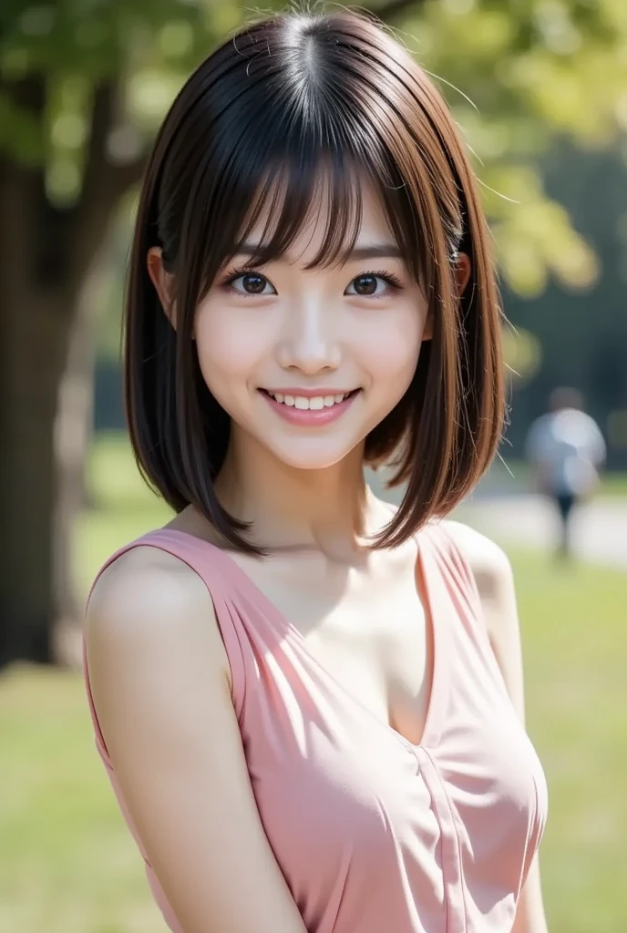 (8k,  photorealistic,  RAW photo,  Max Image: 1.4),  Japanese girls、18 years old, (Slightly longer bob hair)、 sexy,  smile, Super detailed face 、Attention to detail、 double eyelids 、 sharp concentration:1.2、( super cute idol-like face :1.2),  beautiful woman:1.4、( black hair)、 top quality、  masterpiece on penis 、 super high resolution、( photorealistic:1.4)、 is exquisitely crafted in every detail 、プロの照明で照らされたsmile、(Pink sleeveless blouse、)、 open your mouth slightly、,((( The background is a park )))