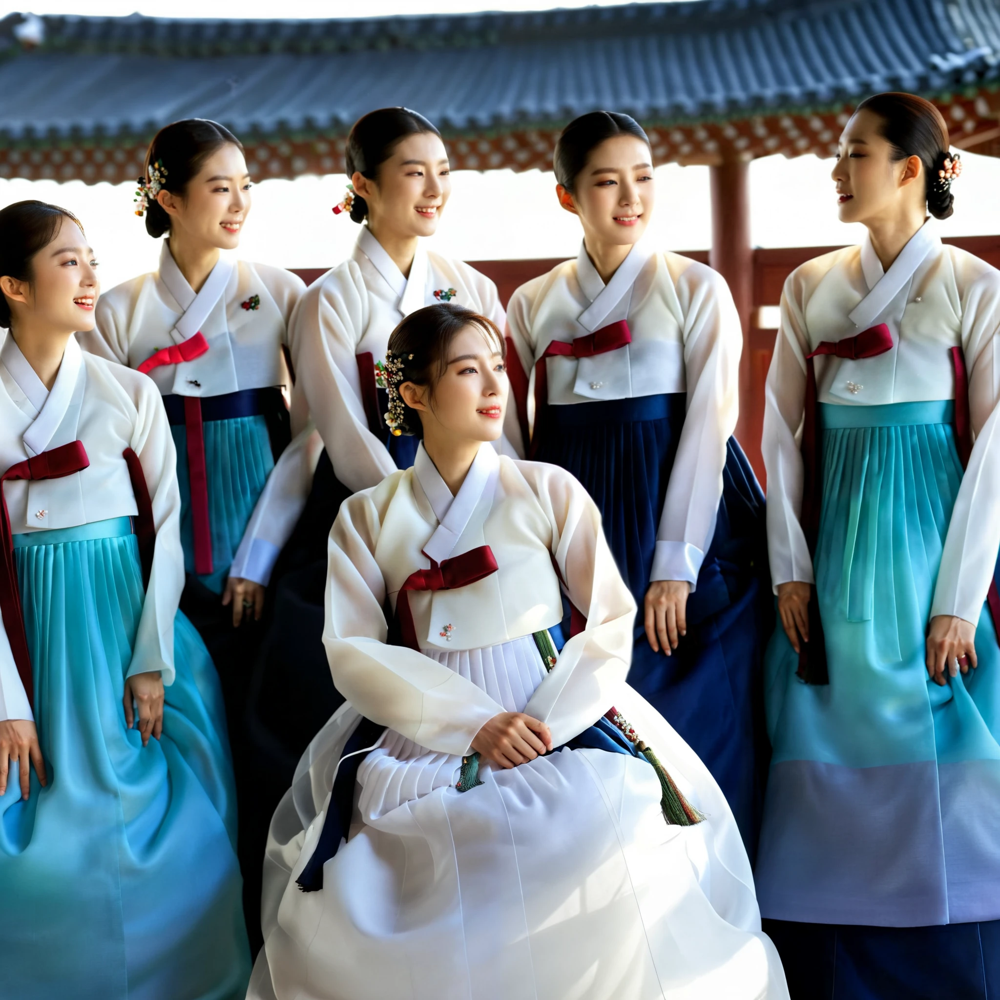 4 Korean men are wearing hanbok for women, Identical hanbok , they are all female men , they all have big breasts like women , They all have masculine faces , They all have short, manly hairstyles, White, luxury hanbok made of silk , Underwear hanbok, See-through, Everyone is sitting
