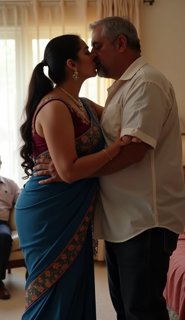 A specs wearing plus sized beautiful a white  transparent chiffon saree and bra wearing South Indian teacher  kissing a boy in class room, a group of boys and girls watching next to them with excitement 