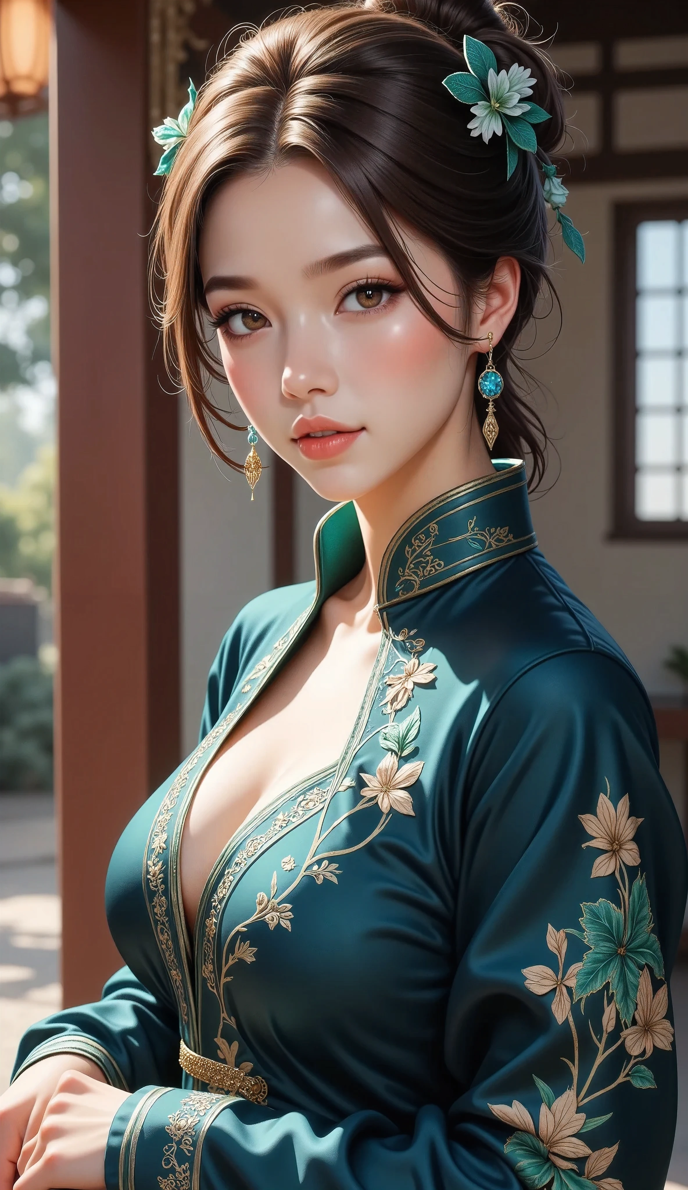 one woman, Wearing High-end and luxurious Chinese dress, dark blue with green color, anime style, cinematic lighting, ray tracing, masterpiece, best quality, UHD, retina, 16k, 