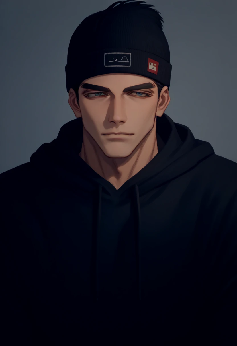 handsome Indonesian guy with a sharp gaze, wearing a beanie, black hoodie, gentleman, slanted eyes, nice thin eyebrows, (high resolution, best quality), handsome man, 25 years old, asian face