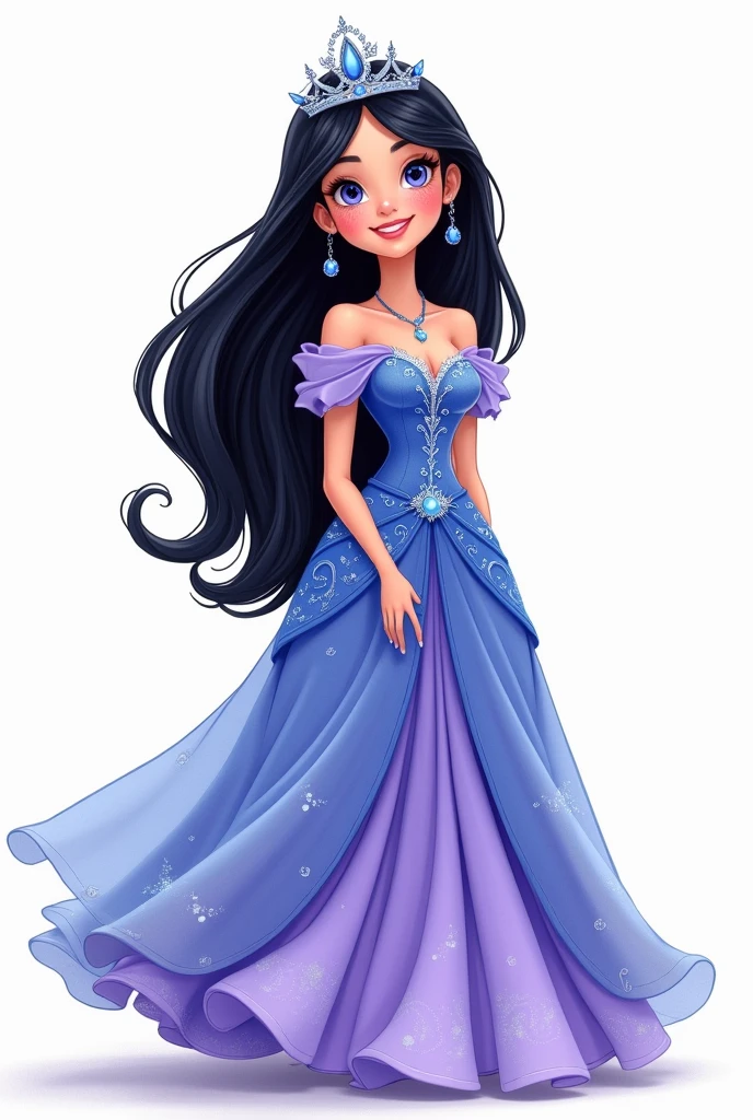 Drawing Cartoon big girl wearing a Beautiful volume and fluffy dress , make it like Princess Painted in beautiful colors with 2d drawing and make black outline more details