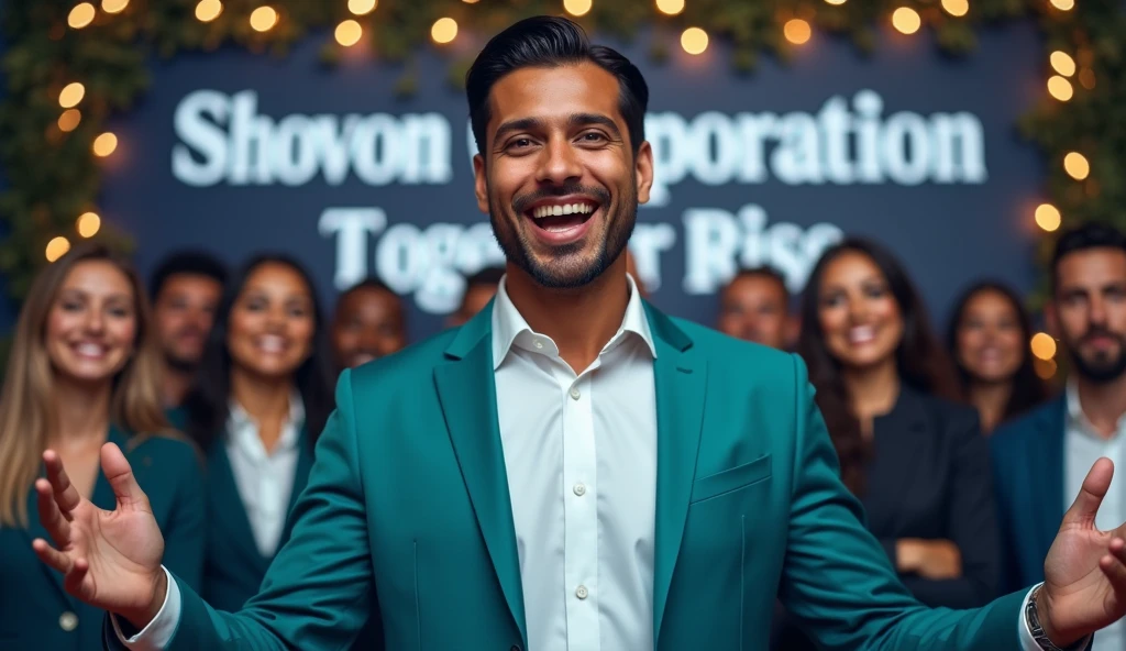 Shovon, 32-year-old male entrepreneur with sleek black hair and a clean-shaven face, in a bright teal blazer and a white shirt, addresses his employees at a grand celebration event. His expression is warm, and the employees look motivated and cheerful. The background is decorated with lights and banners reading "Shovon Corporation: Together We Rise." Vibrant and professional style, wide-angle view.