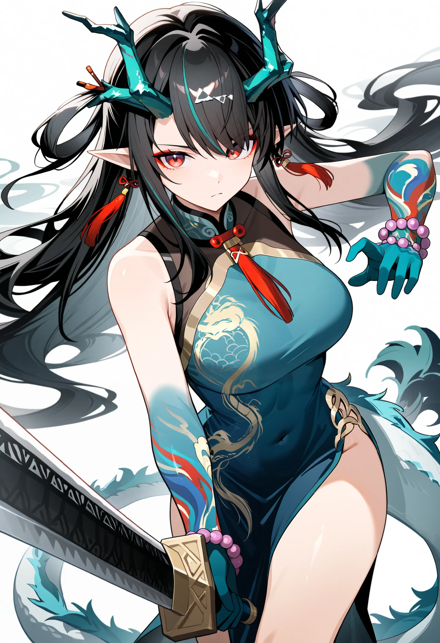 1girl, dusk\(everything is a miracle\)\(arknights\), arknights. An illustration of a girl with black hair and red eyes and horns. She is wearing a green china dress and bracelet. She glares at the man and slashes at him with his sword, foreshortening, looking at viewer, breasts, china dress, holding sword, incoming attack, serious, masterpiece, best quality, very aesthetic, absurdres