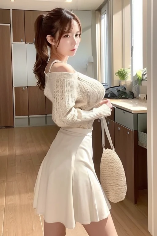  sandy beach、walk、 sandy beach女性、Straight face、 young woman、cute、Beauty、( composition seen from the side , shot from the side)、Wavy Ponytail、Brown Hair、Big Breasts、 Big Breasts 、(Summer knitwear、Lightweight knit:1.3),(White Skirt、 thin long skirt:1.25),(Make your skirt popular )、 Highlight Your Body Line 、 clothes with clear body lines 、Pai Slash (Boobstrap)、crossbody bag、(windy skirt:1.2)、( office、Kitchen:1.6)、 anatomically correct