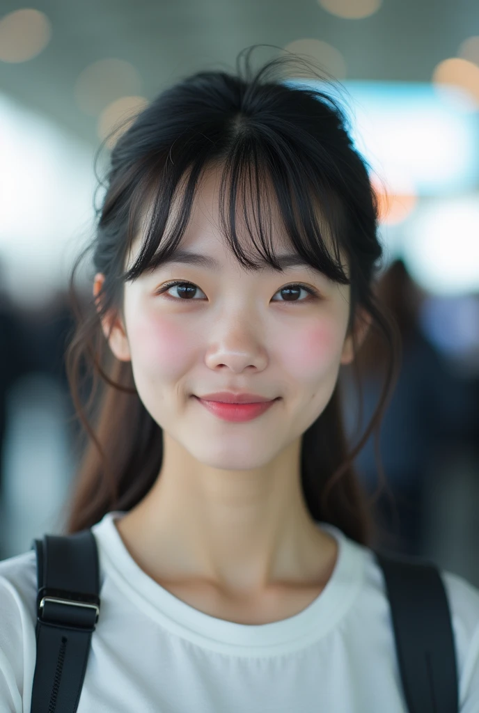 realistic photos of Korean female, crossed bangs, slightly smile, t-shirt, in the airport, pov, Eye-Level Shot, blurry, UHD, masterpiece, highres, 16k Solo, 1girl, Smile, Blush,