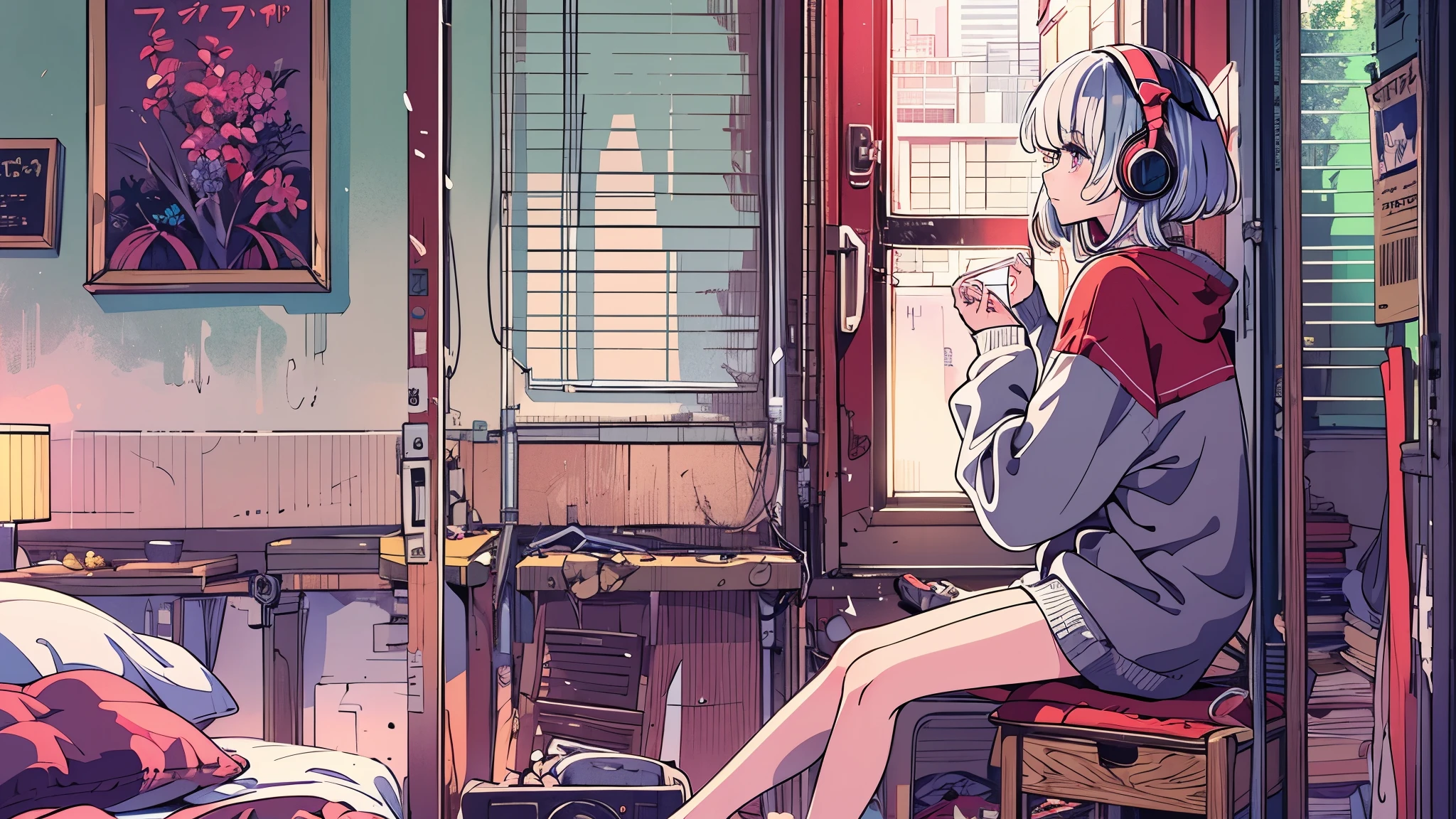 White-haired girl,sit on the floor,Head on knees