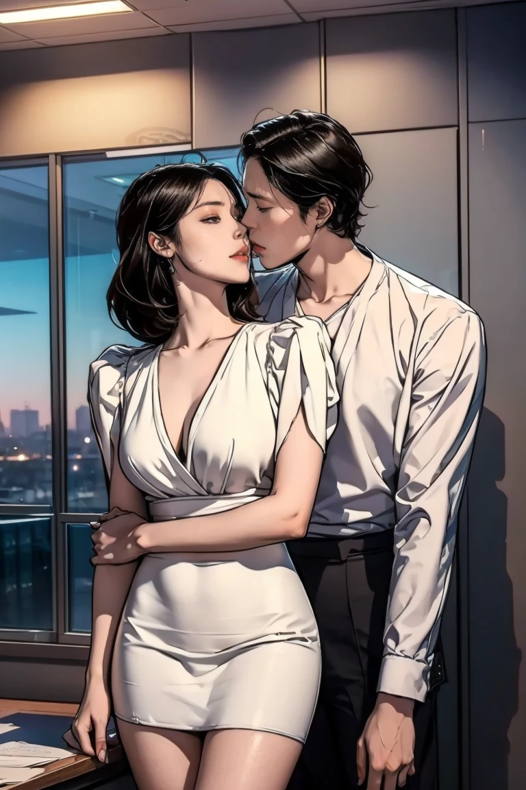 Luxurious,   goes floor-to-ceiling ,  a dark office with a view of the city skyline from the window ,  Anna Katsuragi,   24 years old、　Hall々 and a sophisticated 40-year-old billionaire   ,   stands close to Alex Tanaka  ,  now wearing a slightly disheveled suit  ,   and brought Alex to the office with amazing urgency , (He pushes her against the wall  ,  Her lips are reluctantly open , Passionate kiss,  His arm is touching her chest 、 the woman's white shirt is unbuttoned  ).(Her hair is fluffy and short  )（  she wears a white ruffle blouse and mini tight skirt、 legs are open）