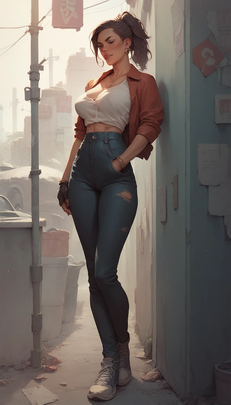 Best quality, full body portrait, delicate face, red short hair, bob haircut, forehead, 18 year old girl, slim figure, huge bust, oversized crop top T-shirt, ((under boobs:1.4)), leaning forward, crotch gap, cameltoe, ((low-waist shorts:1.3)), seen string of bikini bottoms, sunset bridge, scene, standing tall, long leg , necklace, rings, earrings, bracelet, watch, open legs, see through, areola bulge, nsfw
