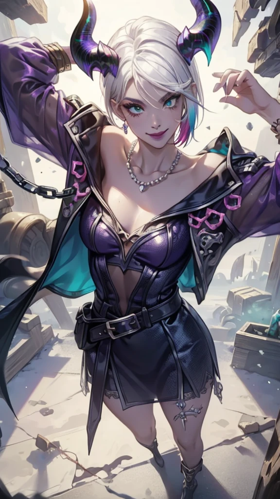 1girl, xivuraeuscoat, cat ears, side-swept bangs, black hair, pink IncursioDipDyedHair, messy mid ponytail, green eyes, thick eyebrows, freckles, smile, IncrsBrknGls, broken glass, reflection,