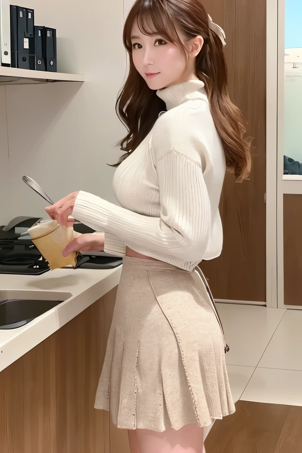 sandy beach、walk、 sandy beach女性、Straight face、 young woman、cute、Beauty、( composition seen from the side , shot from the side)、Wavy Ponytail、Brown Hair、Big Breasts、 Big Breasts 、(Summer knitwear、Lightweight knit:1.3),(White Skirt、 thin long skirt:1.25),(Make your skirt popular )、 Highlight Your Body Line 、 clothes with clear body lines 、Pai Slash (Boobstrap)、crossbody bag、(windy skirt:1.2)、( office、Kitchen:1.6)、 anatomically correct