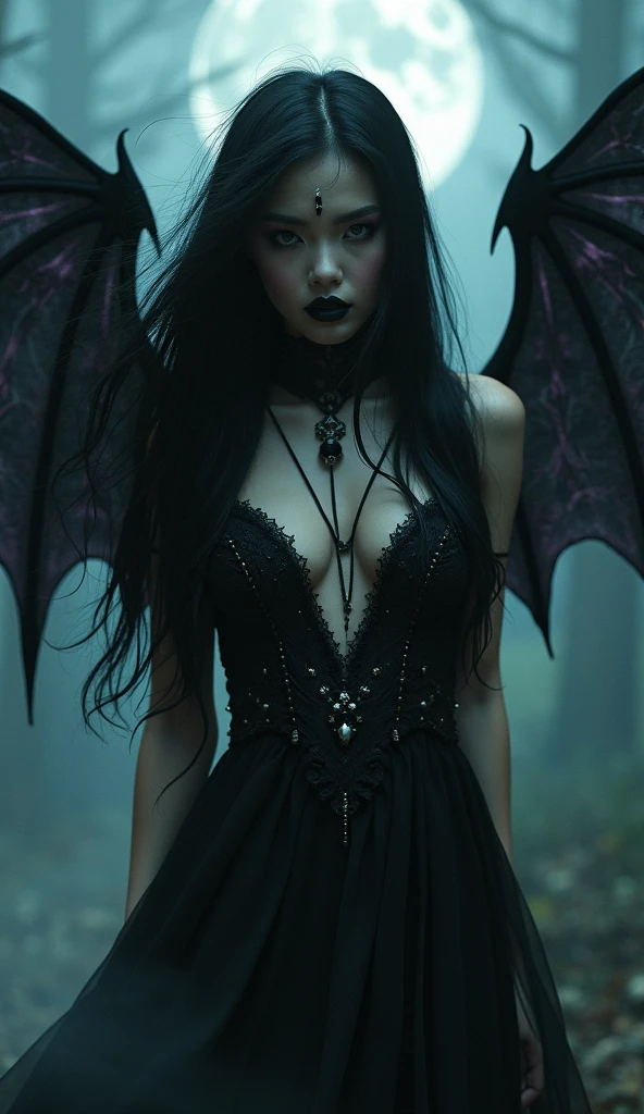 a beautiful, intricate, detailed portrait of a mature female demon with black hair, bangs, and a side lock, wearing tight, intricate clothing, with demon wings, hair accessories, and holding a long staff, scythe, and sword, with glowing skin, red eyes, and a black choker, from an overhead angle, in a simple background, (best quality,4k,8k,highres,masterpiece:1.2),ultra-detailed,(realistic,photorealistic,photo-realistic:1.37),cinematic lighting