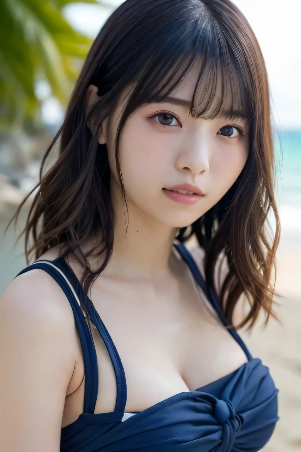 a closeup, ​masterpiece, top-quality, Raw foto, Photorealsitic, beautiful a girl, cute little, hair wavy,With bangs、 depth of fields, hight resolution, ultra-detailliert, finely detail, ighly detailed, extremely detailed eye and face, Sharp pupils, Realistic pupils, foco nítido, Cinematic lighting、takeout、sand beach、the beach、Are sleeping、Sheer Bikini、A sexy、the beach、A smile、endearing、full body Esbian、sleep on a towel、Angle from above