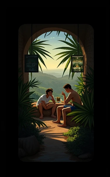 Uma varanda com plantas, com uma vista para a cidade no alto, vibe calmo, A little dark in the sky A skinny young brown man with no shirt, With coffee on the table, With a dog sitting on the ground enjoying the view,