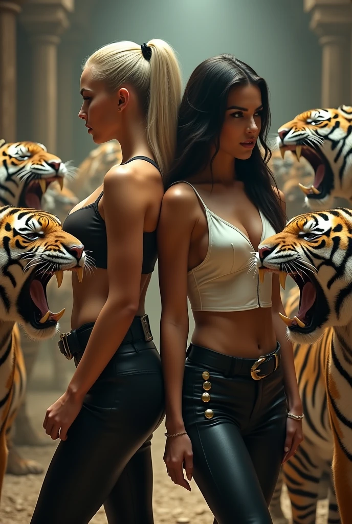 scarlett johansson et natalie portman qui vont un braquage en tenue de tigre blanc et un masque de tigre blanc dans une bijouterie duex pistolet