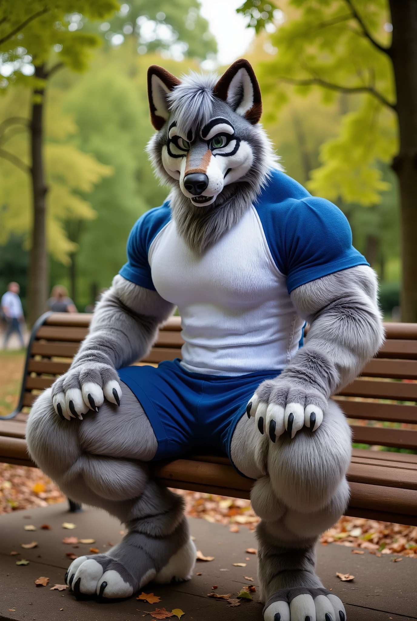 Real life, hyperrealistic, cinematic-quality 3D rendering of a very muscular gray wolf anthro, adult, sitting confidently on a wooden bench in a serene forest park. His powerful physique is accentuated even while seated, with his broad shoulders and chiseled muscles clearly visible under his fitted white T-shirt with short blue sleeves. He wears matching blue shorts that complement his fur tone, and his gray, slightly messy hair adds a rugged charm. His expression is stern, with a frowning face and piercing eyes that seem to lock onto the viewer, creating an intense and captivating connection. The surrounding park is bathed in soft sunlight filtering through the trees, with vibrant green foliage and scattered fallen leaves on the ground, adding depth and realism to the scene. The atmosphere exudes both strength and tranquility, with intricate details highlighting the fur texture, folds in the clothing, and the natural environment,